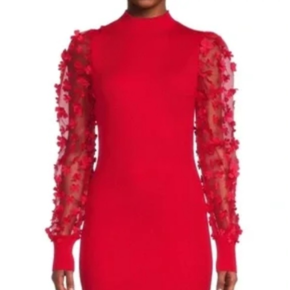 NO BOUNDARIES Red Ribbed Puffy Floral Sheer Sleeve Cable knit Sweater Dress NWOT - Picture 4 of 13